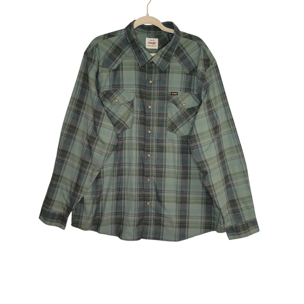 Wrangler Twill Plaid Flannel Shirt Men's Sz 2XLT Green Snap Front